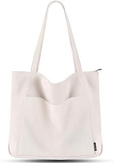 Corduroy Tote Bag for Women Large Shoulder Bag with Zipper and Pockets for College School Work Travel Shopping-Beige