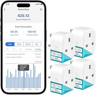 Meross Smart Plug with Energy Monitoring, Mini Smart WiFi Plug Work with Alexa, Google Home, SmartThings, Smart Socket Remote Control Timer Plug, No Hub Required, 13A, 4 Packs