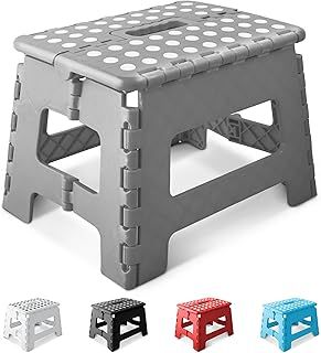 KEPLIN 9 Inch Heavy Duty Folding Step Stool | Non-Slip Foldable Footstool for Toddlers, Children & Adults | Portable, Lightweight Plastic Footstep w/Carrying Handle for Indoor or Outdoor (Grey)