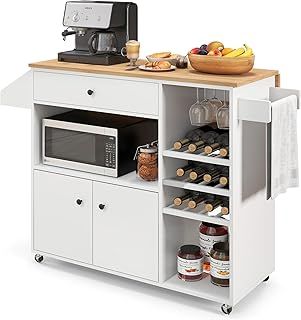 Kitchen Island on Wheels, Rolling Kitchen Storage Trolley with Drop Leaf Worktop, Drawer, Wine Rack, Glass Holder, Open & Adjustable Shelf, Utility Bar Serving Cart Sideboard (White)