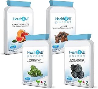 Health4All Strong Intestinal Health Set: Grapefruit Seed Extract, Wormwood, Black Walnut, Cloves 4x90 Capsules. Candida Cleanse Antifungal Supplement. Vegan