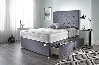 5FT King Size Divan Bed Ziggy Grey Plush Memory Foam Divan Bed Set With Mattress, 2 Drawers (Same Side) and Headboard (King (150cm X 200cm))