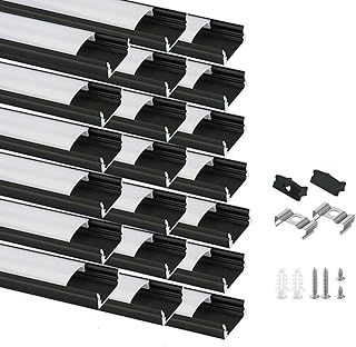 Besseto LED Aluminum Profile Black 20 x 1m, U Shape LED Strip Light Diffuser Profile with Milky Cover, End Caps and Mounting Bracket, Aluminum Profile for LED Strips (20 x 1m U Shape)