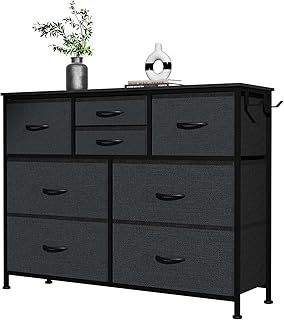 8 Chest of Drawers Bedroom, Storage Drawers with Wooden Handles,Wooden Top, Fabric Drawers and Metal Frame for Bedroom, Living Room, Nursery, Hallway (Black Grey)
