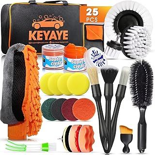 KEYAYE 25 Pcs Car Cleaning Kit, Car Detailing Kit with Ultra-Soft Car Detailing Brushes, Car Washing Kit with Microfibre Cleaning Cloth, Car Wash Mitt, Alloy Wheel Brush, Drill Brushes Set and Bag