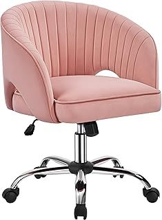 Yaheetech Velvet Desk Chair, Makeup Vanity Chair with Tufted Barrel Back Adjustable Velvet Accent Armchair Swivel Office Chair for Home Office Pink