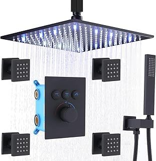Thermostatic Shower Mixer Set Black Concealed 12 Inch Ceiling Mounted Led Rain Shower System with Body Jets and Handheld, Can Run Simultaneously