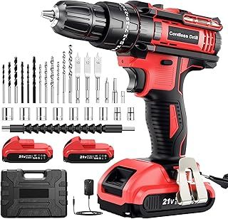 Cordless Drill Set 21V, Cordless Hammer Drill with 2 Batteries 2000mAh, 25+3 Torque, 42N.m Max, 2 Speed, LED Light, 30PCS Accessories for Home and Garden DIY Project
