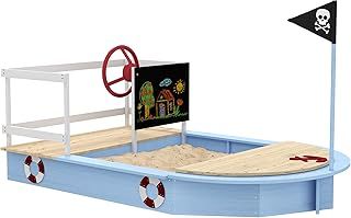 Outsunny Sand Pit, Wooden Sandpit Pirate Ship Kids Sandbox with Storage Deck, Flag, Blackboard, Toddlers Outdoor Playset for 3-7 Years, Blue