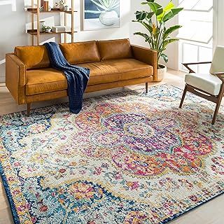 Livabliss Rabat Vintage Rug - Area Rugs Living Room 160x228 cm, Dining Floor, Kitchen, Traditional Multicoloured Boho Style, Easy Care Pile, Bohemian Large Rug, Fuchsia, Orange and Blue