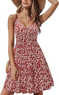 STYLEWORD Women's V Neck Floral Spaghetti Strap Summer Dress Casual Swing Midi Sundress with Pockets