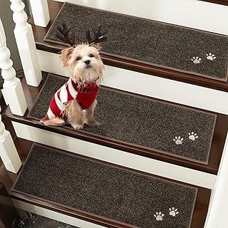 BEQHAUSE Stair-Treads-for-Wooden-Steps-Non-Slip Stair Treads Machine Washable Carpet Stair Treads 22x70cm Soft Indoor Stair Runner for Kids Elders and Pets 100% Polyester 4pcs,Brown