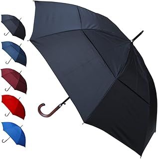 60MPH Windproof Large Strong Umbrella - StormDefender City - Best for Vented Double Canopy - Auto Open - Solid Wood Hook Handle - Rainproof Designer Big Golf