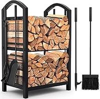 Amagabeli Fireplace Log Rack 29.5inx15.7inx11.8in with 4 Fireplace Tools Wrought Iron Firewood Holders Indoor Wood Stove Outdoor Fireplace Log Storage Heavy Duty Wood Stacking Kit Black