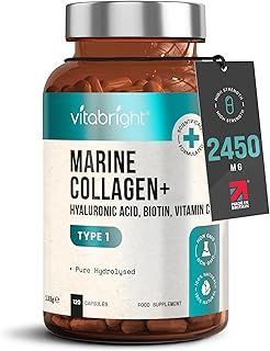 Pure Marine Collagen Capsules With Hyaluronic Acid Vitamin C, 2450mg 120 Collagen Tablets High Strength Hydrolysed Marine Collagen Peptides Powder, VitaBright Marine Collagen Supplements for Women/Men