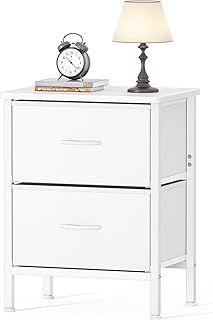 Bedside Table, Bedroom Bedside Cabinet, Storage Nightstand Side Table with Metal Frame and 2 Large Capacity Fabric Drawers for Bedroom, Living Room, White