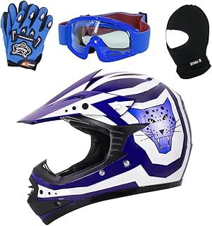 Zorax Blue XL (55-56cm) ZOR-X17 Children Kids Motorbike Helmet ECE 2206 & Gloves XL(8cm) & Goggles & Balaclava - Dirt Bike Off Road Motocross Helmet