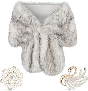 Faux Fur Shawl Wrap Stole Shrug Winter Bridal Wedding Scarf Wrap with Faux Pearl Rhinestone Brooches for Women 1920s