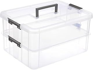 IGNPION 2-Tier Stackable Craft Storage Box Plastic Adjustable Storage Containers with Carry Handle Transparent Containers Organiser for Art & Craft Toys, Sewing Accessories, Dark Grey