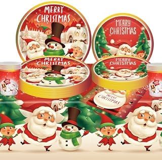 69Pcs Christmas Party Tableware Set,Christmas Dinnerware Set Xmas Tableware Decor with Christmas Tablecloth,Paper Plates Napkins and Cups