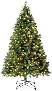 VeryMerry 6FT 'Snowhill' Pre Lit Christmas Tree with 300 Built-In Warm White LED Lights with Auto-Off Timer, 8 Lighting Modes and Foldable Metal Stand