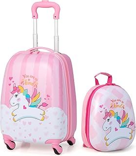 2Pcs Kids Luggage Set, 16"/18" & 12" Girls Suitcase and Backpack Set with 4 Spinner Wheels, Hard Shell Children Trolley Case for Travel School(Pink Unicorn 2, 12" & 16")