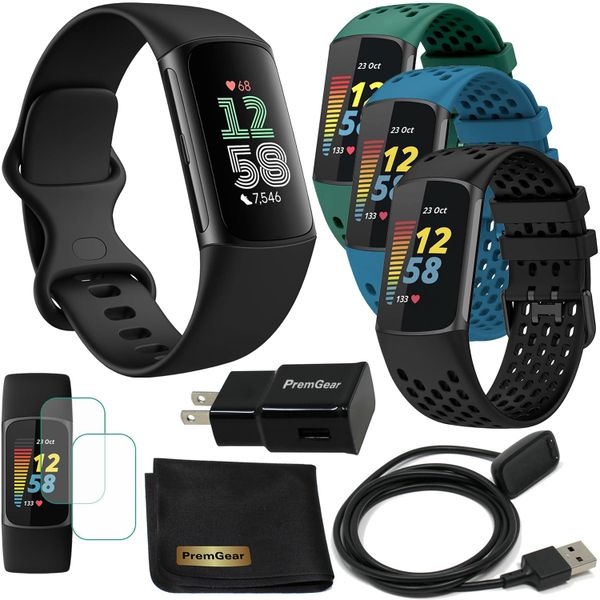 Fitbit Charge 6 Fitness Tracker Watch with Google apps (Black) Bundle with PremGear 3 Silicone Comfortable Watch Bands, 3foot Charge Cable, Adapter, Screen Shields & Cloth
