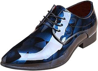 Mens Fashion Floral Patent Derby Shoes Lace Up Formal Business Shoes Pointed Toe Shiny Flat Faux Leather Dress Shoes