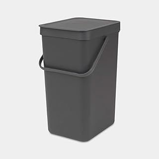 Brabantia - Sort & Go Waste Bin 16L - Medium Recycling Bin - Stay Open Lid - Carry Handle - Easy to Clean - for Under Kitchen Counter or Wall-Mounted - Compost Bin - Grey - 22 x 28 x 40 cm