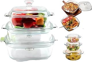 Glass Casserole Dishes with Lids Oven Proof Set of 3, Borosilicate Glass, Serving Dishes, Freezer & Microwave Safe, Scratch & Thermal Shock Resistant,Easy Handles(Clear, Round 1/1.5/2.5 Ltr)