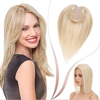 Elailite Hair Topper For Women Human Hair Real Hair Silk Base Clip in Crown HairPiece Toupee - Extensions For Thinning Hair (#18/613 Ash Blonde Mix Bleach Blonde, 12 Inch)