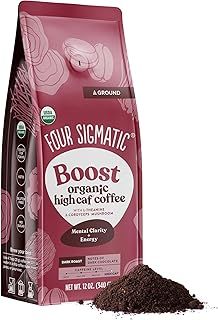 Four Sigmatic Organic High Caffeine Coffee | Dark Roast Extra Strong Ground Coffee with L-Theanine & Cordyceps Mushroom Extract | Energy Booster Mushroom Super Coffee without the Jitters | 12oz Bag