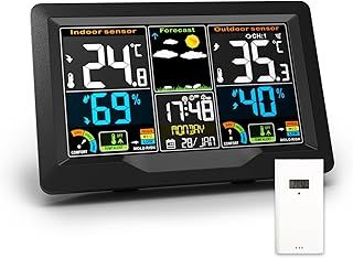 Qxmcov Weather Station Wireless with Outdoor Indoor Sensor, Digital Large LCD Screen Thermometer, Weather Station with Weather Forecast, Temperature, Humidity, Alarm Clock