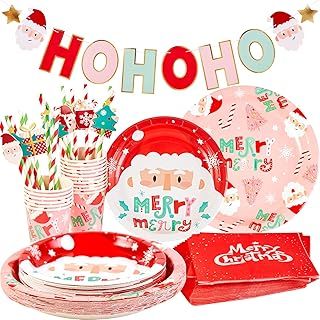 SUNBEAUTY 85 Pcs Christmas Party Tableware Set - Paper Plates, Napkins, Cups, Banner for Christmas Party Decoration