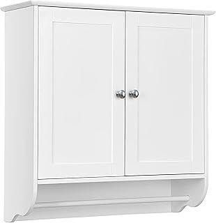 COSTWAY Bathroom Wall Cabinet, Wooden Storage Cupboard with 2 Doors, 3-Position Adjustable Shelf & Towel Bar, Wall Mounted Medicine Cabinet Unit for Kitchen, Living Room and Hallway (White)