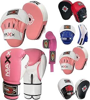 Maxx BOXING GLOVES & LEATHER CURVED FOCUS PADS WITH FREE HAND WRAP MMA Boxing MULTI COLORS