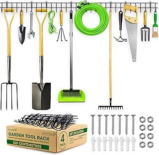 Garden Tool Rack - 160cm Wall-Mounted Garage Tool Organiser – Heavy-Duty Hanger for Garden Tools: Spades, Shovels, Rakes, Ropes and Saws