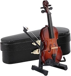 Garosa Wooden Miniature Violin Mini Musical Instrument Model Decor Model Decor with Bow Stand Support and Black Case for Kids Dollhouse Accessory