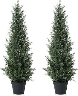 CROSOFMI Artificial Plants Outdoor 95 cm Fake Cedar Tree Large Faux Plants With Plastics Pots for Garden Front Porch Decoration (2 Pack)