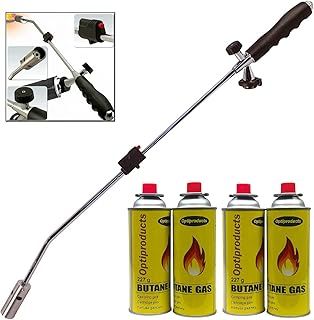 OptiProducts Garden Weed Burner with Auto Ignition Butane Weed Gas Wand Blowtorch Garden Torch Weeds Killer Burner with 4 Canisters