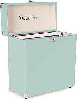 Audizio RC32 Vinyl Record Storage Case - Stylish LP Storage Case, Durable Record Case Holder with Soft Flannel Lining, Holds 30-35 Records, Sturdy Handle, Metal Latch & Hinge, Light Blue Finish