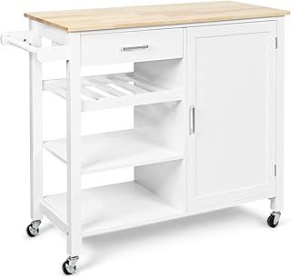 TANGZON Kitchen Island on Wheels, Rolling Kitchen Storage Trolley with Cabinet, Oak Wood Worktop, 2 Shelves, Wine Rack, Adjustable Shelf, Drawer & Towel Rack, Utility Serving Cart Sideboard (White)