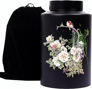 Cremation Memorial Urn Large Black Decorative Urn Bamboo Funeral Human Ashes urn,Cemetery Burial or Niche with Black Velvet Bag