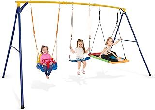 GYMAX 3 in 1 Kids Swing Set, Heavy Duty Metal Swing Frame with Belt Swing, Rectangular Swing&Adjustable Swing Seat, Outdoor Children Playground Set for 3-10 Years Old, Max Weight 300kg (350x182x195cm)