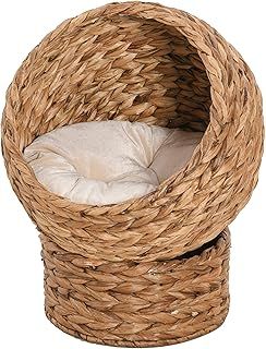 PawHut Woven Banana Leaf Elevated Cat Bed Wicker Kitten Basket Pet Den, House Cosy Cave with Soft Cushion Dome 50x42x60cm Brown