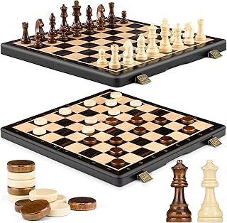 Peradix Chess Set and Draughts Board Games 2 in 1 Set | 15" Magnetic Foldable Wooden Chess Checkers Board | 2 Extral Queen | Educational Toy Set for Adults and Kids (PUZ-39)