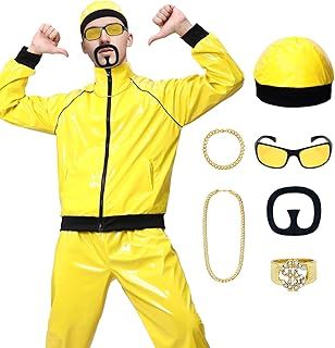 90s Rapper Celebrity Ali g Costume Adult, 90s 80s Yellow Shell Suit with Necklace Glasses Beard, 90s Fancy Dress Costume for Carnival Party Halloween Stag Do