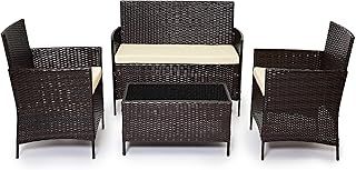 EVRE Brown Rattan Garden Furniture Set Patio Conservatory Indoor Outdoor 4 Seater Piece Modular Sofa Loveseat Chair Glass Top Coffee Table with Cushions