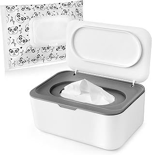 Wipes Holder, Wipes Dispenser with Lid, Pouch with Lid, Baby Wipes Case Keeps Wipes Fresh， Wipe Container Regular Storage Case Box(Grey+Panda)