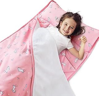 Nap Mat for Toddlers, Quilted Mat with Blanket and Removable Pillow, All-In-One Sleeping Bag for Preschool Daycare Nap Time or Sleepovers, Portable Roll up Nap Mat, Pink Unicorns